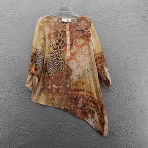 Chicos Asymmetrical Sheer Tunic Top Size‎ 2 US Large Brown Animal Print Womens